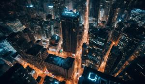 Looking down from the top of  a skyscraper a night, with millions of lights