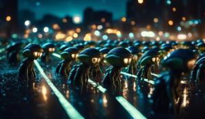 Aliens invading a city at night. detailed