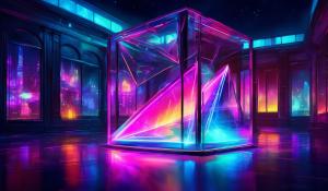 A prism of neon light surrounded by glass at night