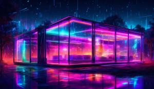 A prism of neon light surrounded by glass at night