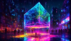 A prism of neon light surrounded by glass at night