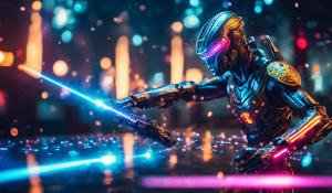 A cyborg fighting aliens with lasers, colorful, detailed