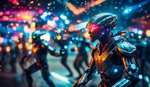 A cyborg fighting aliens with lasers, colorful, detailed