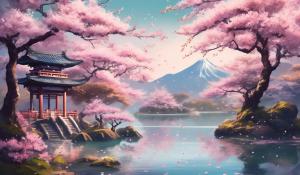 Chill Japanese blossom trees lake