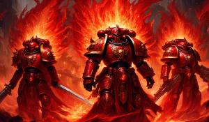 warhammer 40,000 space marines in intricate red nightmare flame armor