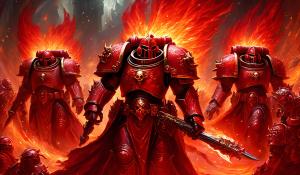 warhammer 40,000 space marines in intricate red nightmare flame armor