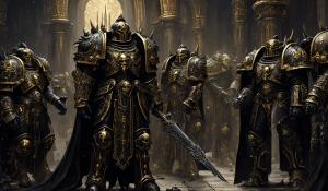 warhammer 40,000 custodes in intricate black nightmare armor