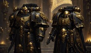 warhammer 40,000 space marine custodes in ornate black armor with gold accents