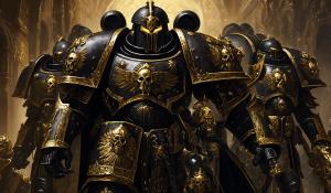 warhammer 40,000 space marine custodes in ornate black armor with gold accents