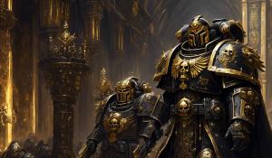 warhammer 40,000 space marine custodes in ornate black armor with gold accents