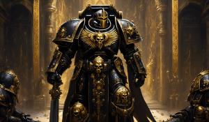 warhammer 40,000 space marine custodes in ornate black armor with gold accents