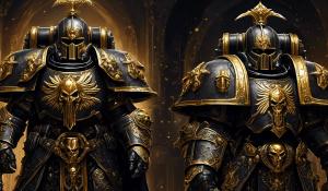 realistic warhammer 40,000 space marine custodes in ornate black armor with gold accents