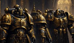 realistic warhammer 40,000 space marine custodes in ornate black armor with gold accents