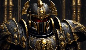 realistic warhammer 40,000 space marine custodes in ornate black armor with gold accents