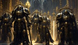 warhammer 40,000 space marines  in ornate black armor with gold accents carrying ornate swords