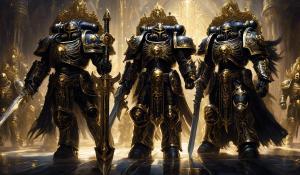 warhammer 40,000 space marines  in ornate black armor with gold accents carrying ornate swords