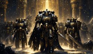 warhammer 40,000 space marines  in ornate black armor with gold accents carrying ornate swords