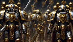 warhammer 40,000 space marines  in ornate chrome armor with gold accents carrying ornate swords