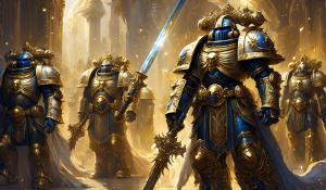 warhammer 40,000 space marines in armor with gold accents carrying ornate swords