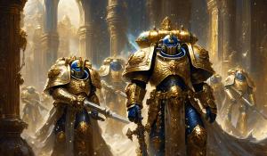 warhammer 40,000 space marines in armor with gold accents carrying ornate swords