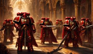 warhammer 40,000 space marines in ornate red armor with gold accents carrying ornate black swords