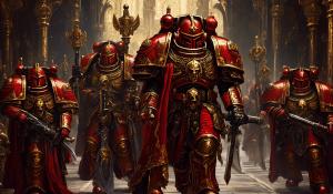 warhammer 40,000 space marines in ornate red armor with gold accents carrying ornate black swords