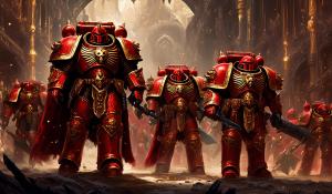 warhammer 40,000 space marines in ornate red armor with gold accents carrying ornate black swords