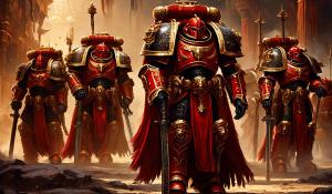 warhammer 40,000 space marines in ornate red armor with gold accents carrying ornate black swords