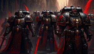 warhammer 40,000 space marines in ornate black armor with red accents carrying ornate black swords