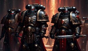 warhammer 40,000 space marines in ornate black armor with red accents carrying ornate black swords