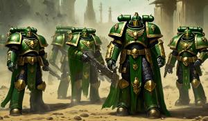 Warhammer 40,000 space marines in green custodes armor 