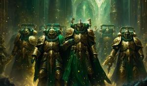 Warhammer 40,000 space marines in dark green ornate custodes armor 