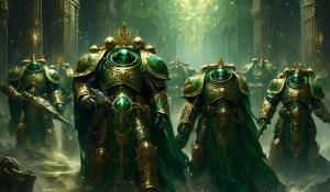 Warhammer 40,000 space marines in dark green ornate custodes armor 