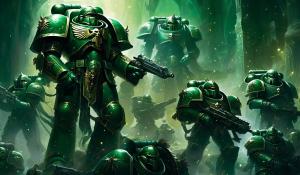 Warhammer 40,000 space marines in dark green armor