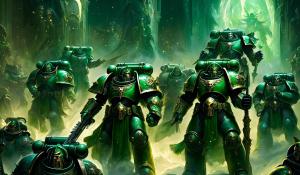 Warhammer 40,000 space marines in dark green armor