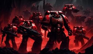 Warhammer 40,000 space marines in dark black and red armor