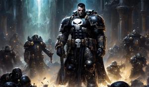 cross between marvel's punisher and Warhammer space marines in black armor