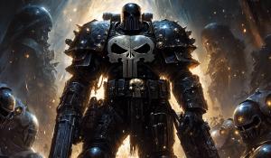 cross between marvel's punisher and Warhammer black templars space marines with punisher helmet