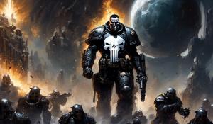 cross between marvel's punisher and Warhammer black templars space marines with punisher helmet