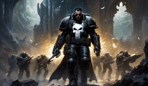 cross between marvel's punisher and Warhammer black templars space marines with punisher helmet