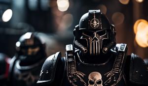 cross between Warhammer black templars space marines and the punisher wearing black space marines helmet