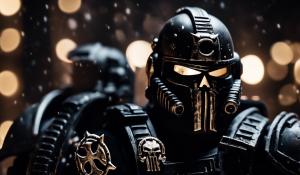 cross between Warhammer black templars space marines and the punisher wearing black space marines helmet