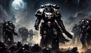 cross between Warhammer black templars space marines and the punisher wearing black space marines helmet