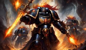 warhanmer 40k black templar space marines with fire eyes and fire sword