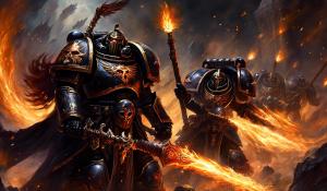 warhanmer 40k black templar space marines with fire eyes and fire sword