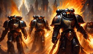 Warhammer 40,000 black templar space marines in fire armor and flame eyes