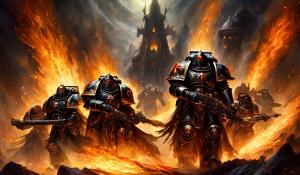 Warhammer 40,000 black templar space marines in fire armor and flame eyes