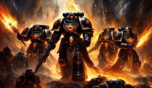 Warhammer 40,000 black templar space marines in fire armor and flame eyes