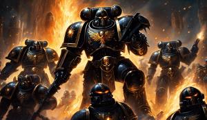 Warhammer 40,000 black templar space marines in fire punisher armor and glowing eyes