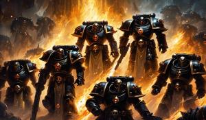 Warhammer 40,000 black templar space marines in fire punisher armor and glowing eyes